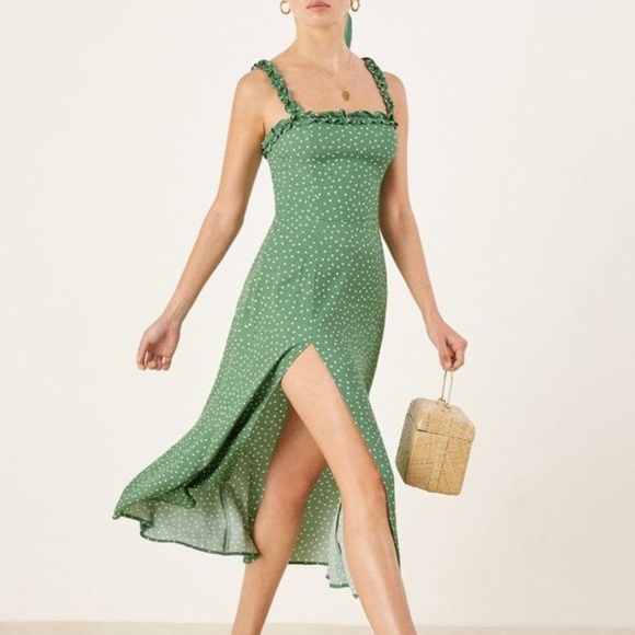 Reformation Arielle Green Polka Dot Slit Dress - Picture 1 of 3